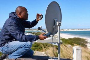 Technician adjusting a satellite dish with a compass and signal meter on a windswept coastal home roof near a West Coast lagoon