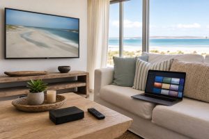 Coastal holiday home lounge with a wall-mounted TV, decoder and remote on a table beside a laptop showing a streaming interface