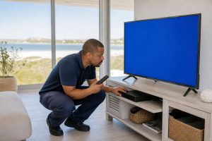 Technician troubleshooting a satellite decoder and TV showing a no-signal screen in a coastal holiday-home lounge