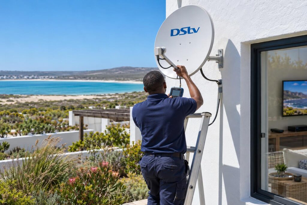 Dish signal check for Catch Up downloads DStv dish alignment with signal meter on a Langebaan house wall