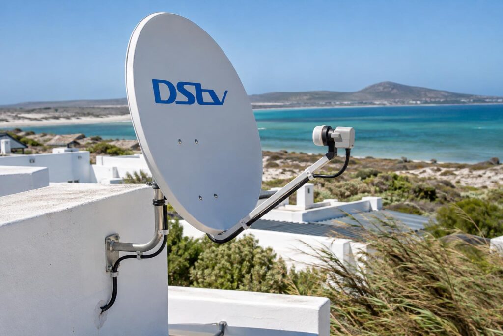 Langebaan dish in coastal conditions DStv dish on lagoon holiday home roof facing West Coast wind and salt air