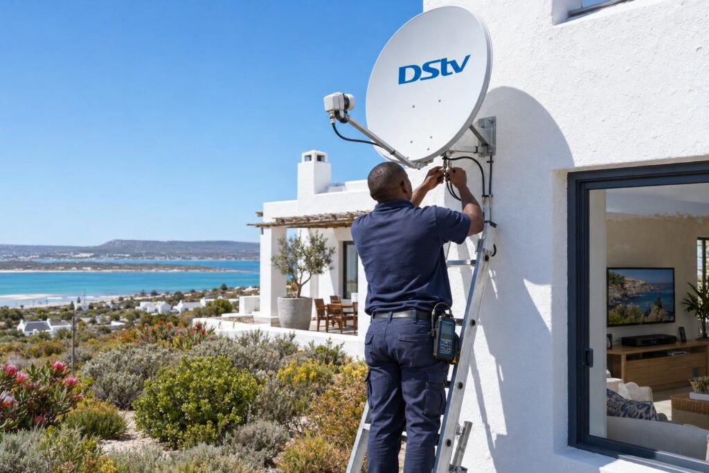 DStv technician testing cabling and dish at a Langebaan home