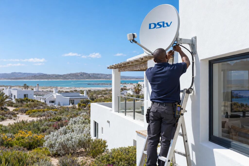 Technician fitting a DStv dish during a proper Langebaan installation
