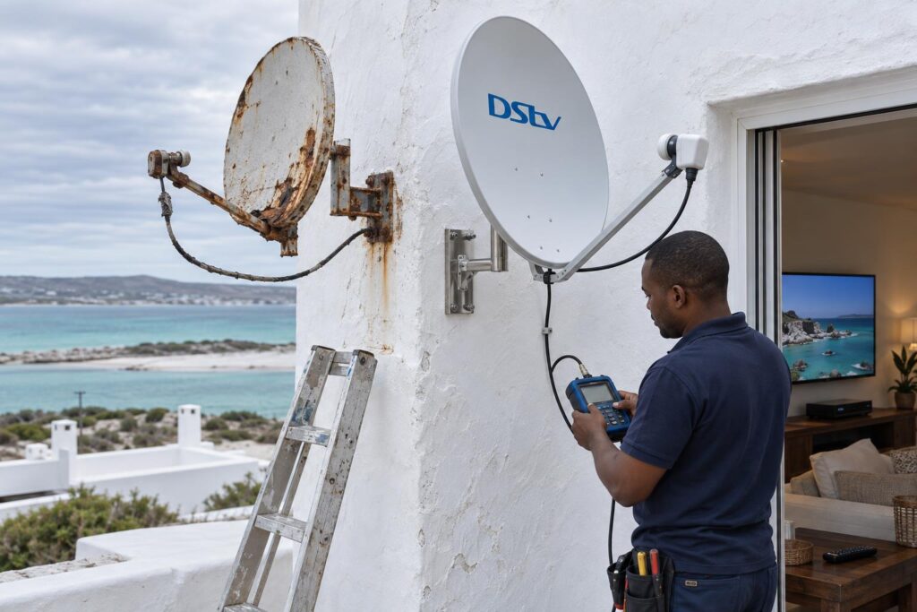 Rusted old bracket next to a new DStv dish fitted for salt air