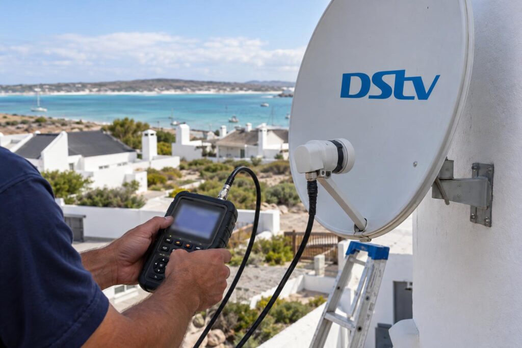 Meter-testing the dish signal Signal meter test on a DStv dish to avoid XtraView heartbeat faults