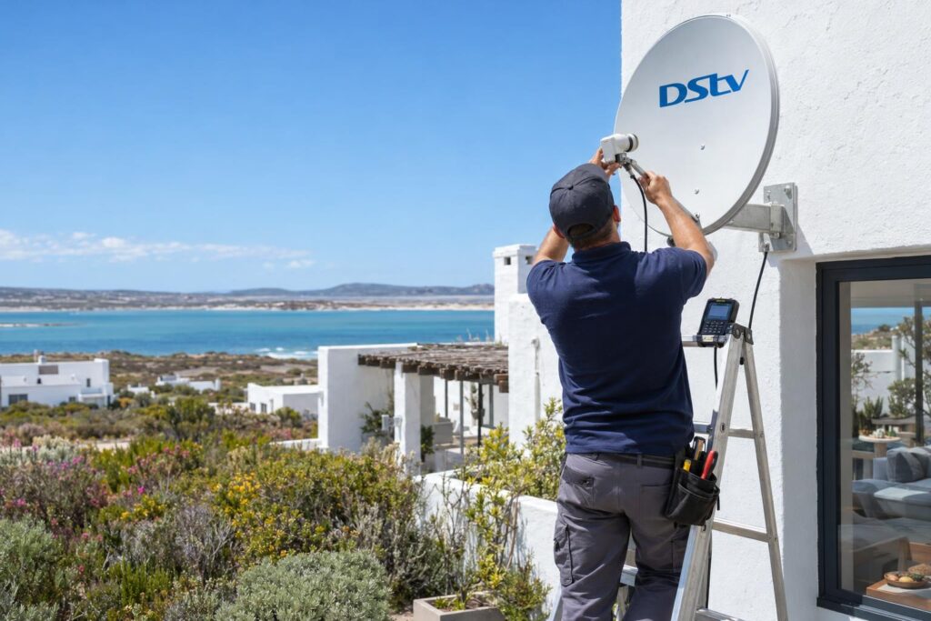 Smart LNB upgrade on a Langebaan roof Technician fitting a Smart LNB, a hidden part of the DStv Explora price