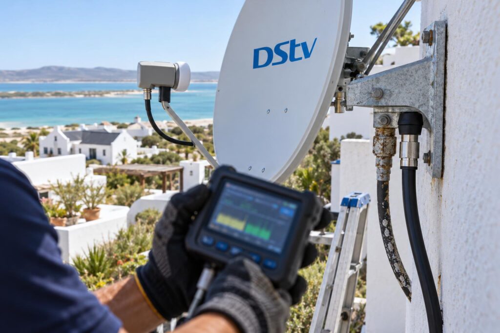 Signal test and cable check Signal meter test before an Explora install in Langebaan, replacing salt corroded cable