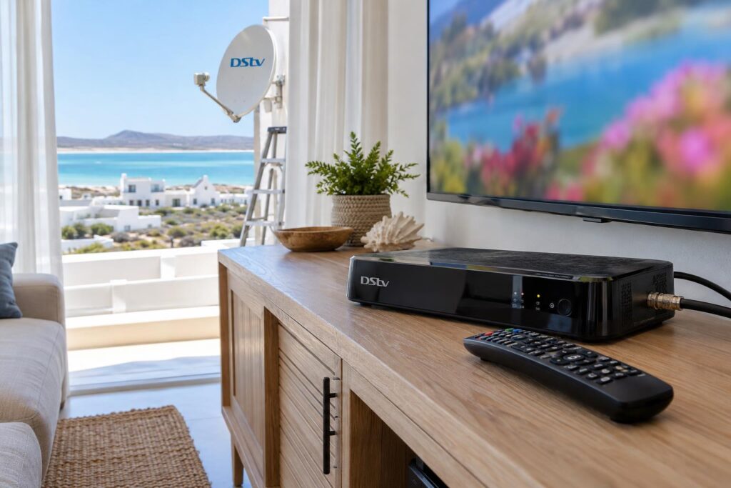 Decoder and remote in a coastal lounge DStv decoder and remote in a Langebaan lounge comparing packages prices