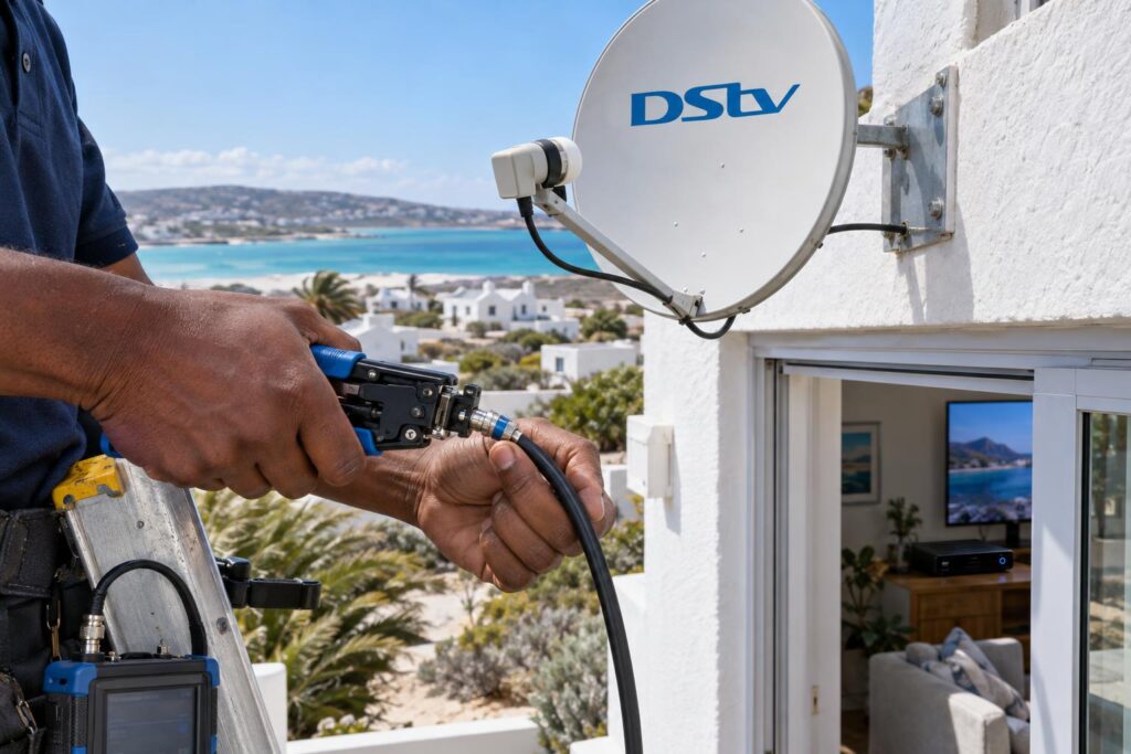 Fitting weatherproof cable Technician fitting cable for a new DStv installation in Langebaan