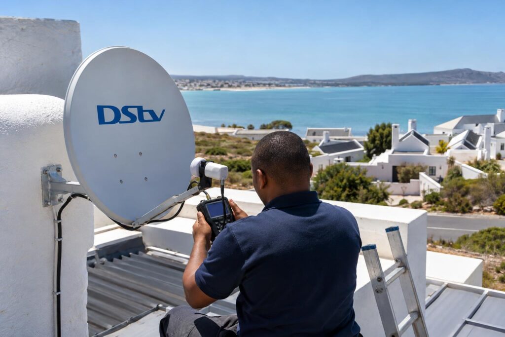 Signal meter check on the roof Checking DStv signal on a Langebaan roof before choosing a package