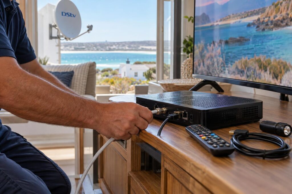 DStv decoder, remote and HDMI cable ready for picture freezing checks