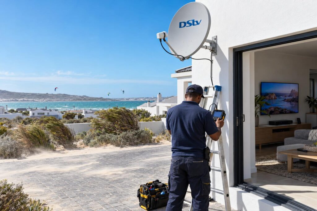 Wind exposed DStv dish on a Langebaan estate home near the lagoon