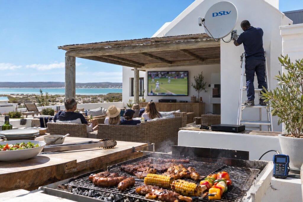 Saturday sport on the patio Saturday rugby on a lapa TV in Langebaan fed by a DStv dish