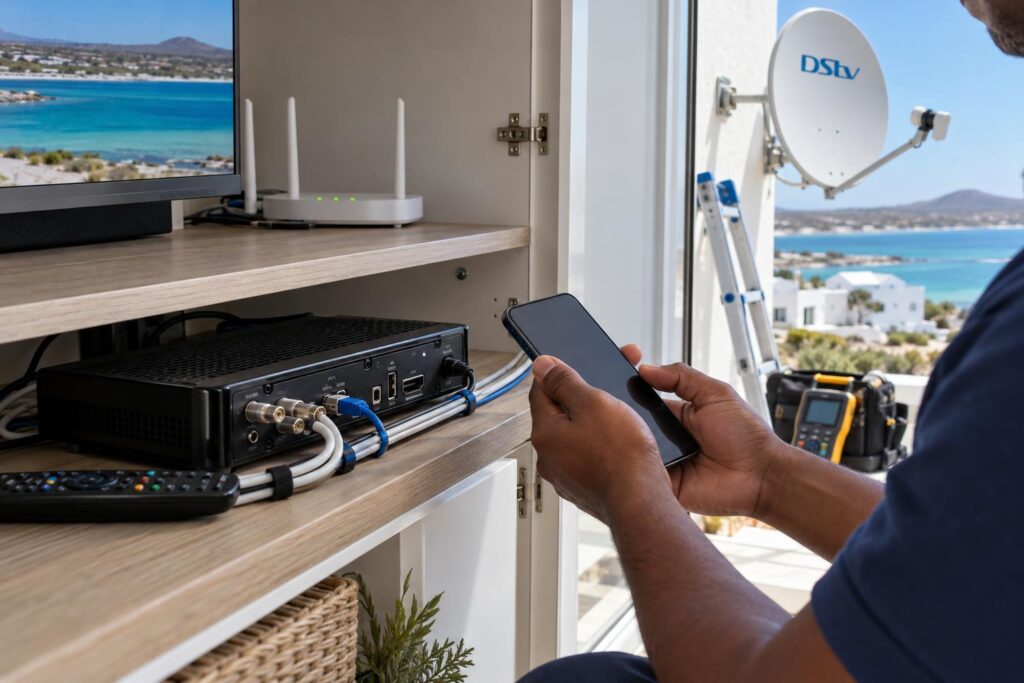 Cabled connection to the decoder Network cable connecting a DStv Explora decoder for steady streaming and Catch Up