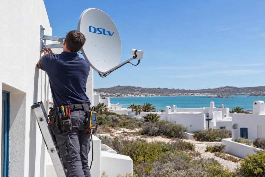 Dish alignment on a holiday home Installer aligning a DStv dish on a Langebaan holiday home wall