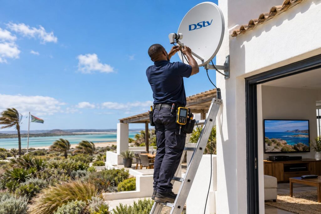 Dish alignment in Langebaan Technician aligning a DStv dish in a Langebaan estate before decoder activation